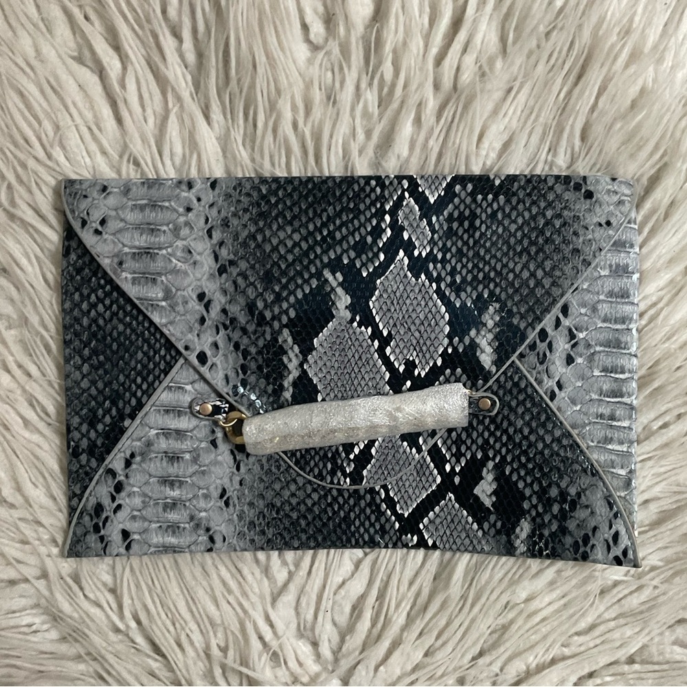 Mudpie Snake Embossed Faux Leather Animal Print Gray Envelope Clutch Bag NWOT